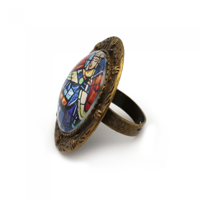 Bague ronde cabochon, contour décor floral, Vierge