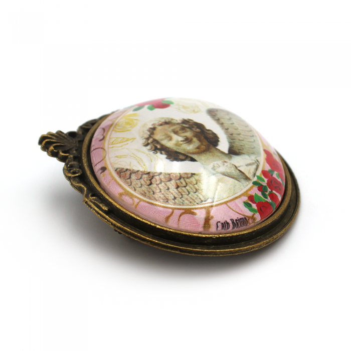 Broche, Ange au sourire et roses rouges