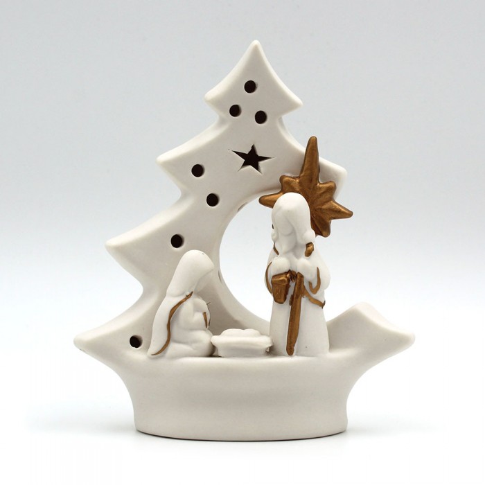 Nativité sapin céramique blanche et or