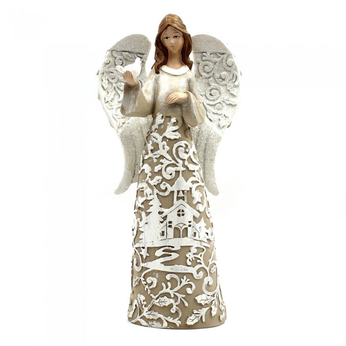 Grand Ange beige et blanc tenant une colombe