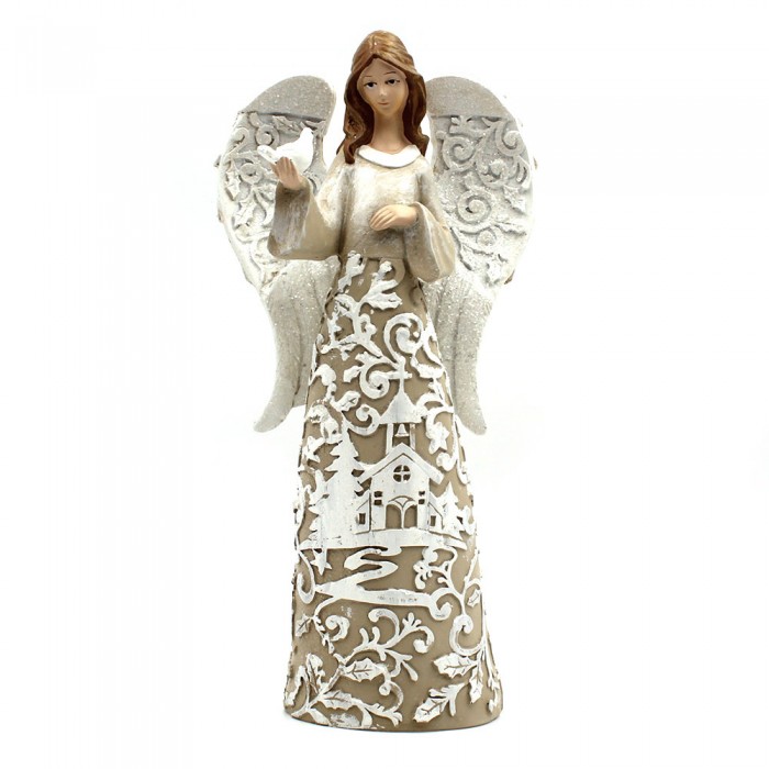 Large beige and white angel holding a dove