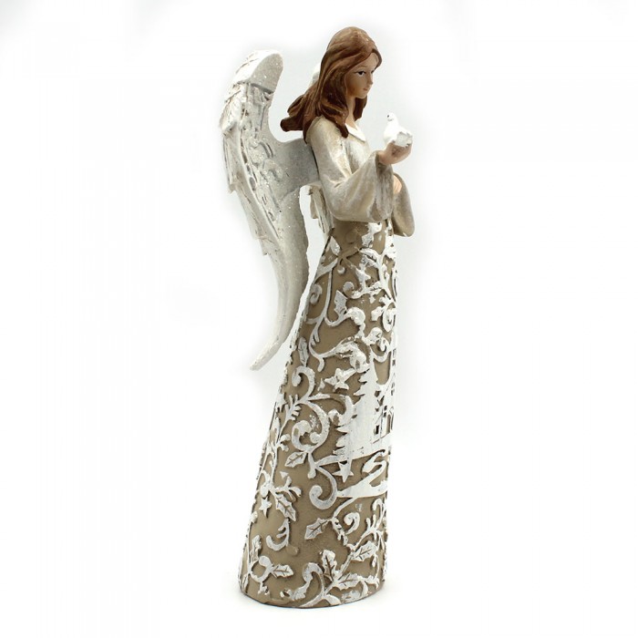Large beige and white angel holding a dove