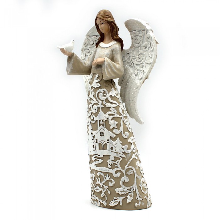 Grand Ange beige et blanc tenant une colombe