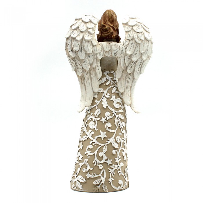Grand Ange beige et blanc tenant une colombe