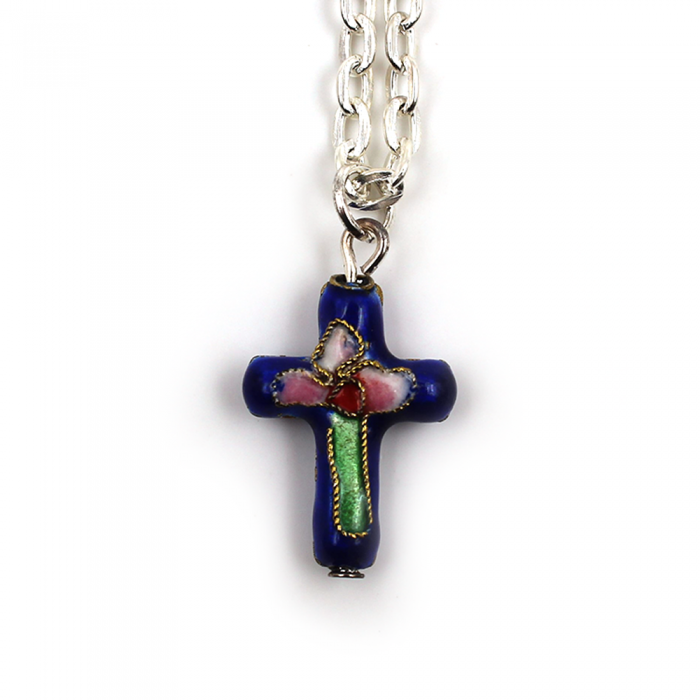 Croix en cloisonné, coloris bleu